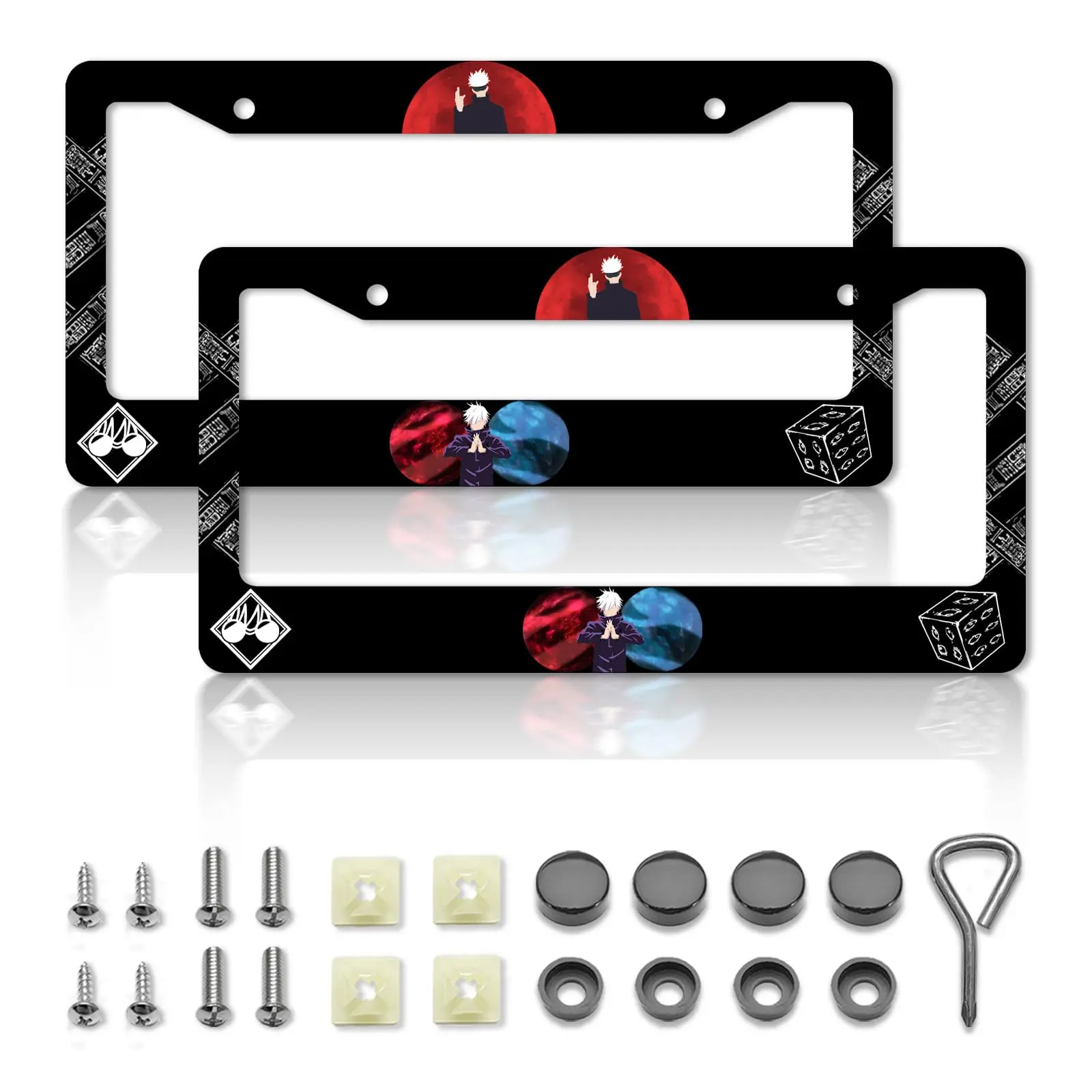 2-Pack Anime Sorcerer Aluminum License Plate Frame - Cool Domain Expansion Red Blue Starry Pattern Car Tag Holder with Screws, Car Accessories Auto Parts Accessories US Standard 12x6 in Otaku Auto Exterior Decor Gift