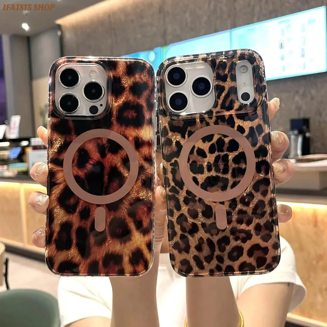 Leopard Print Magnetic Phone Case, Synthetic Sparkle Glossy Cheetah Pattern Protective Cover, Shockproof Fashion Accessory for iPhone Series 17 Pro Max, 16, 15, 14, 13, 12 Pro Max Plus