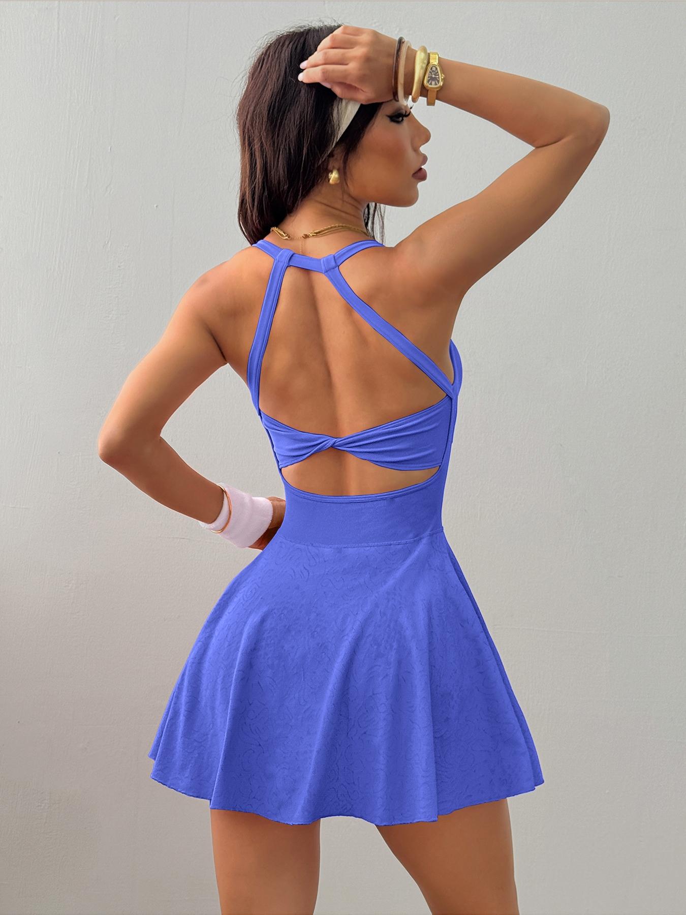 Women's Solid Color Sports Dress, High Stretch Casual Sporty Comfortable Breathable Anti-Exposure Backless Sleeveless Sports Dress with Built-In Pocket for Yoga Gym Workout, Ladies Sportswear for All Seasons