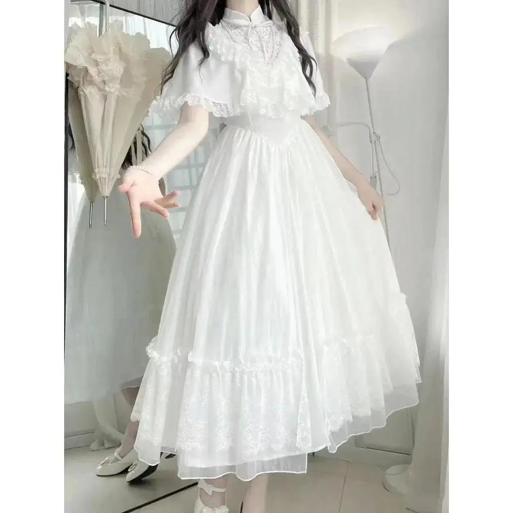 Women's Lolita Midi Dress - Summer New, French Vintage Lace, Sweet Women's Clothes, Polyester, Adjustable Waistband, Romantic Fairy Princess Style, Elegant Formal Party Evening Gown, Fluffy, Skirt, Loose, Whimsical Dress