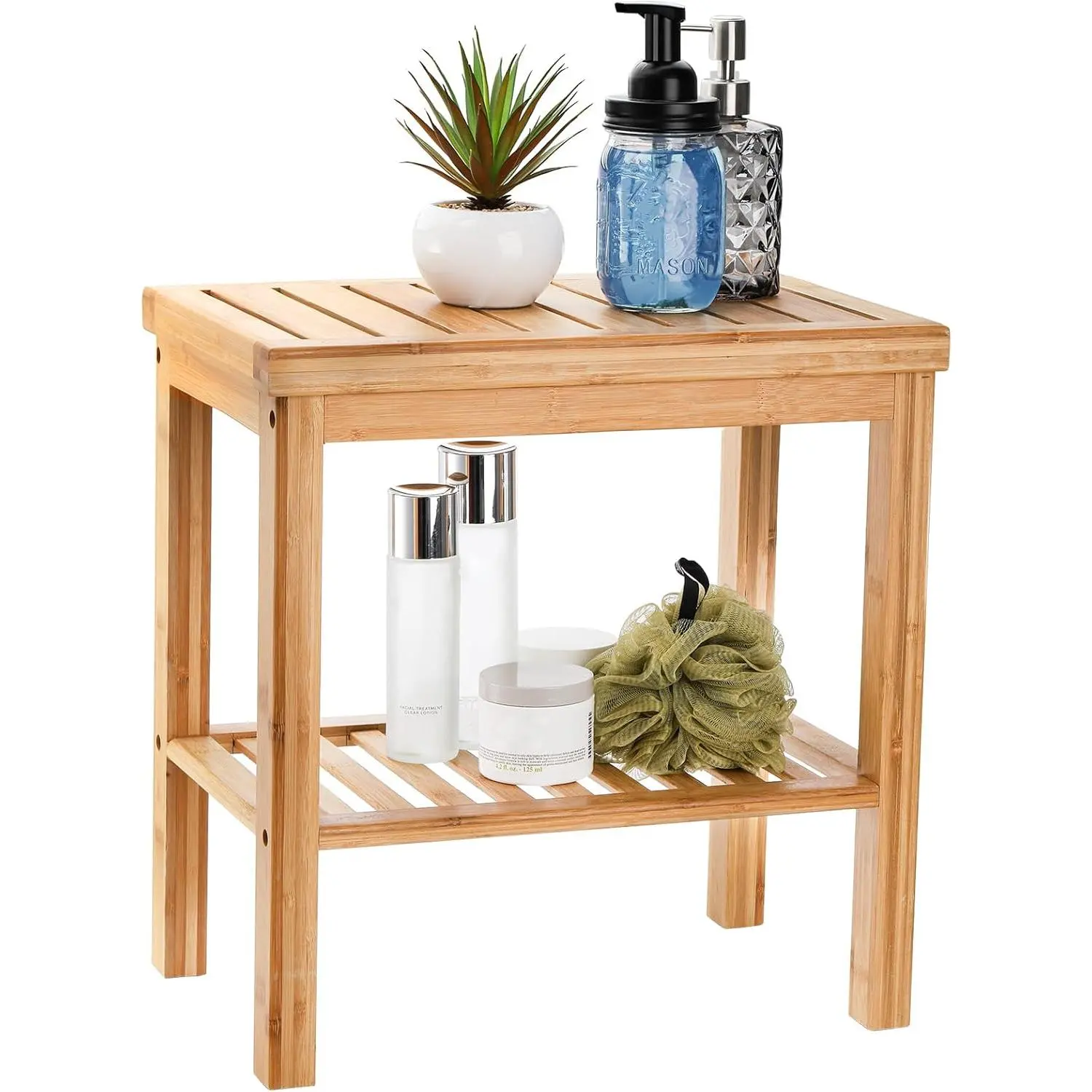 Natural Wood Bamboo Shower Bench - Unisex Solid Slat Bath Seat Stool with Storage Shelves for Shampoo, Towel, Indoor Spa Foot Rest, Bathroom Shaving Stool