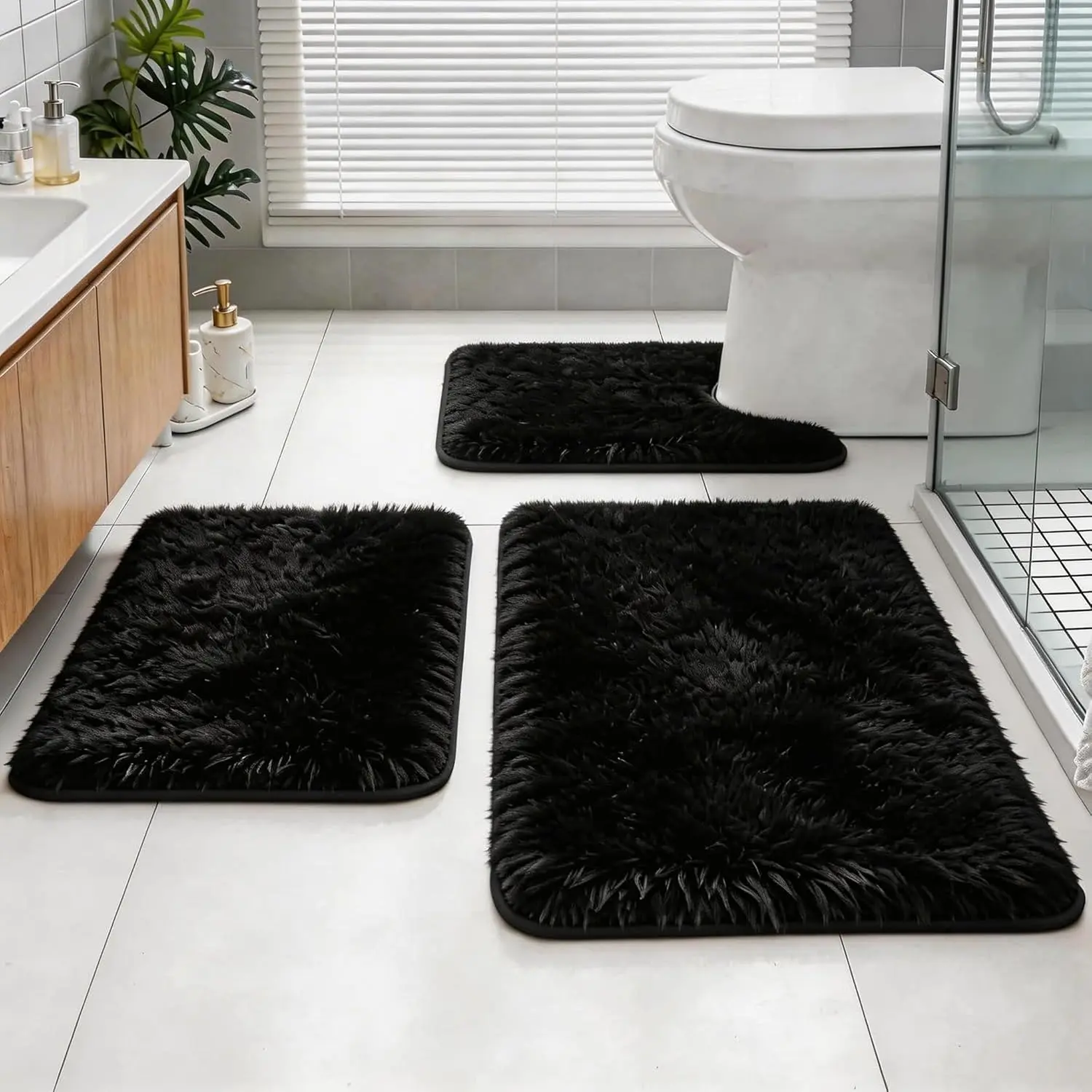 Bathroom Rugs Set Plush Velvet Bath Rugs Non-Slip Shaggy Bath Mat Set 3 Piece,Washable Mats,Absorbent Shaggy Rugs Super Soft U-Shaped Toilet Rug,Bahroom Carpets for Bathroom,Tub,Shower(Black