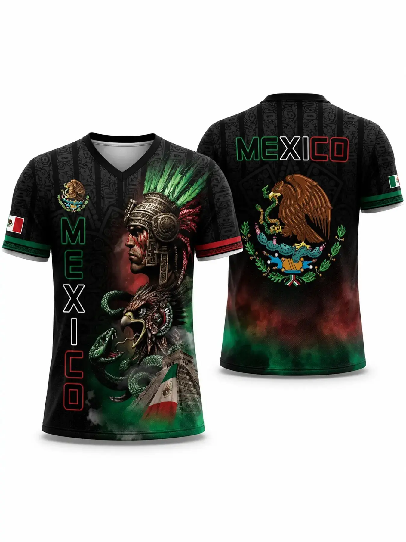 Mexico Aztec Warrior 3D All-Over Print Casual Streetwear Top T-Shirt, Mexican Flag Eagle and Snake Graphic Tee, Cinco De Mayo Patriotic Unisex Gift