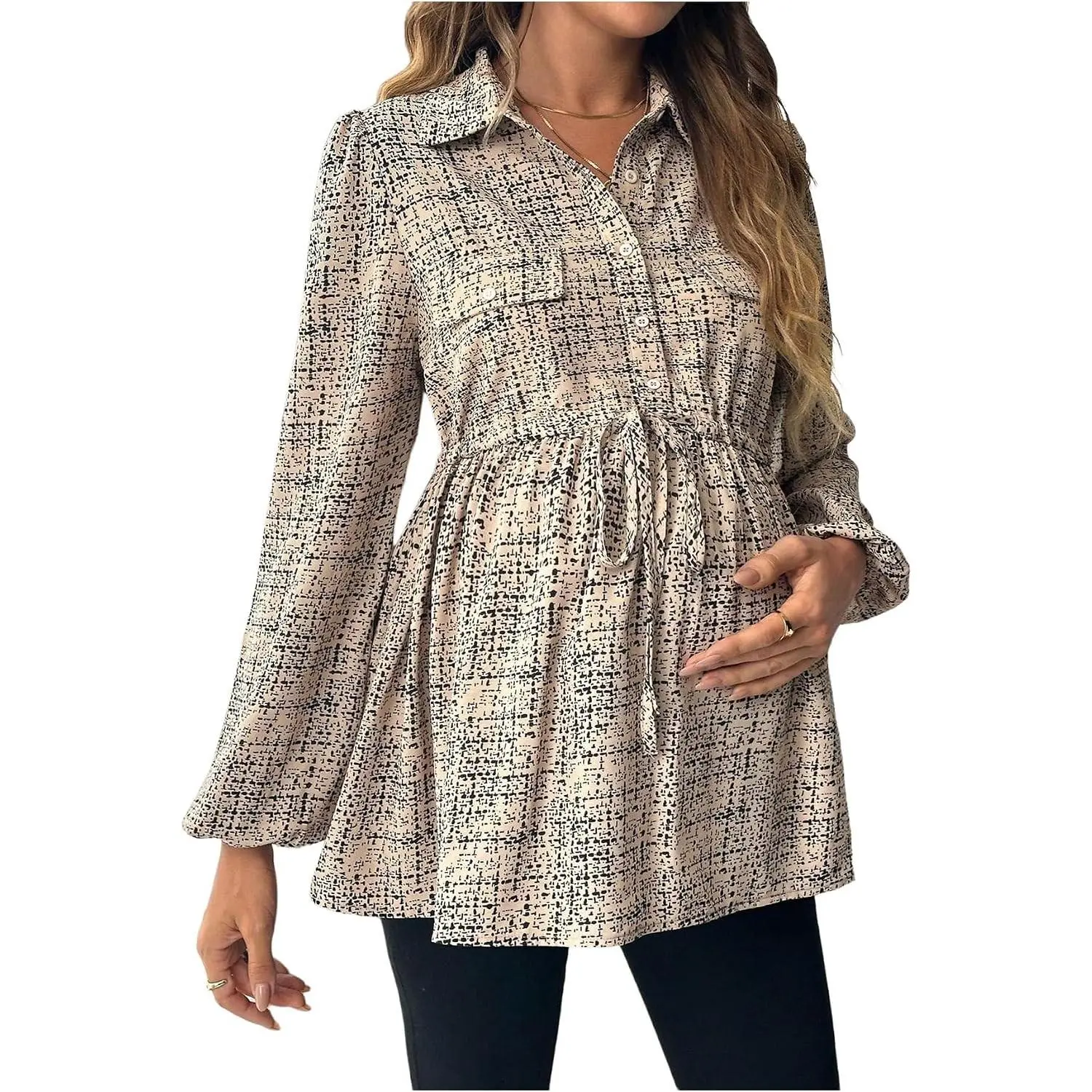 Women's Maternity Blouse Long Sleeve Belted Button Down Tops Casual Pregnancy Blouse, Fall Clothes, Soft and Skin-Friendly, Button Down Shirt