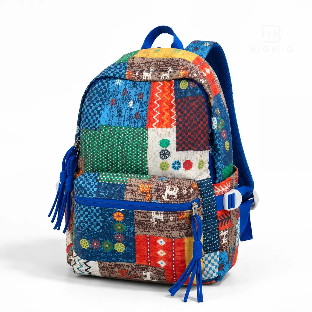 Blue Floral Patchwork Polyester Backpacks for School - Lightweight, Breathable, Expandable Bag with Curved Straps for Middle-School Girls, Travel