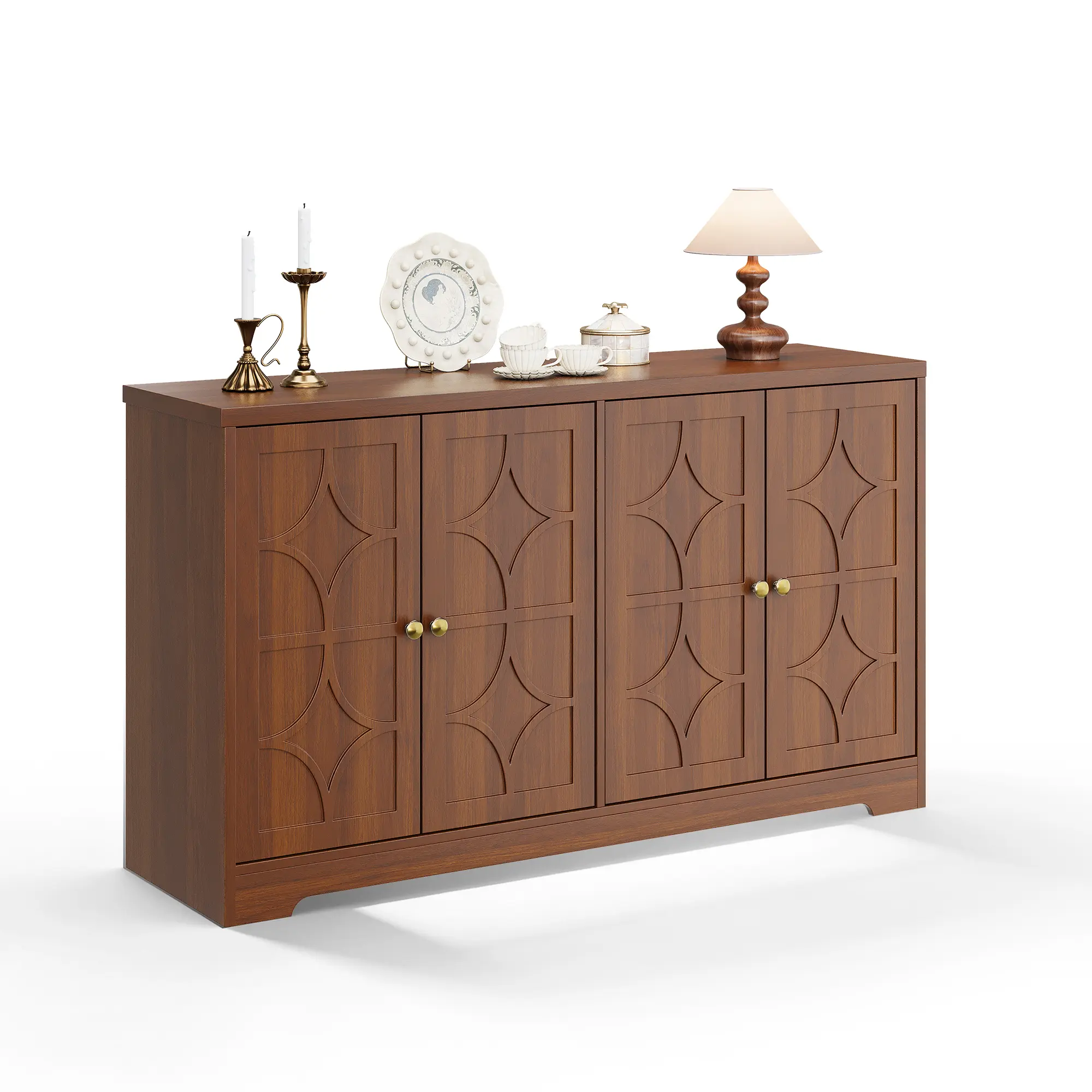 Modern Black Buffet Sideboard Cabinet with Storage - 55" Credenza, 4 Doors, Adjustable Shelves - Gold Handles, Versatile for Dining Room, Kitchen, Entryway, Coffee Bar