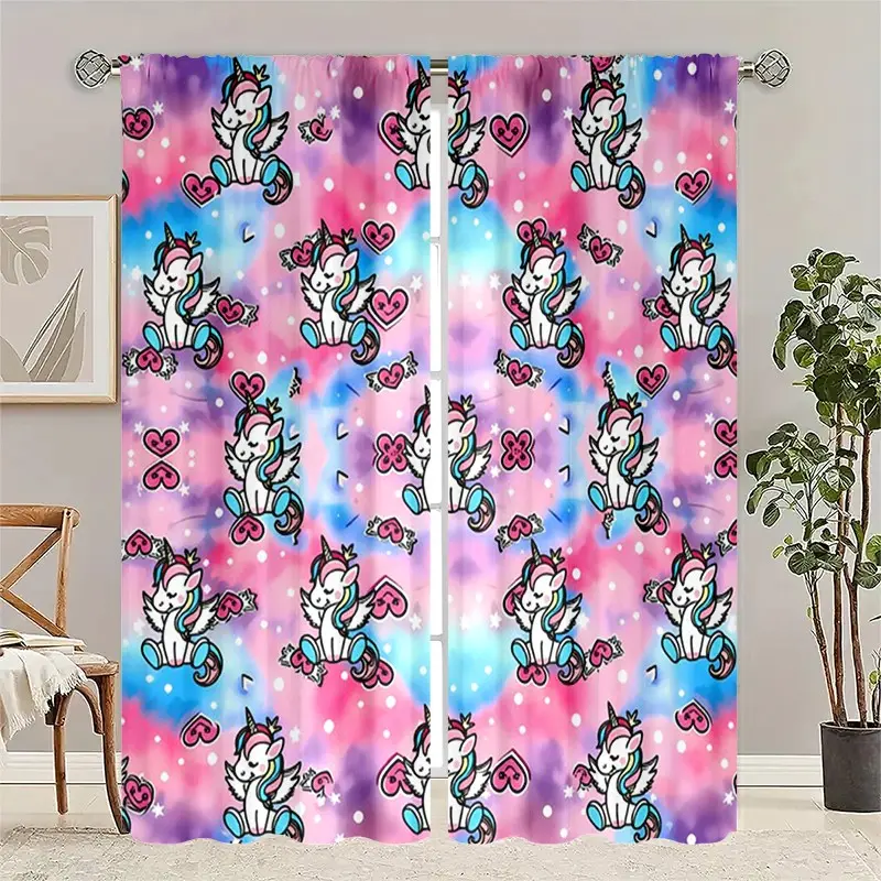 2 pieces of digital cute unicorn printed curtains, semi-transparent to protect privacy and fade-resistant, suitable for living room, bedroom, home decoration, Interior decoration accessories, Polyester Curtain