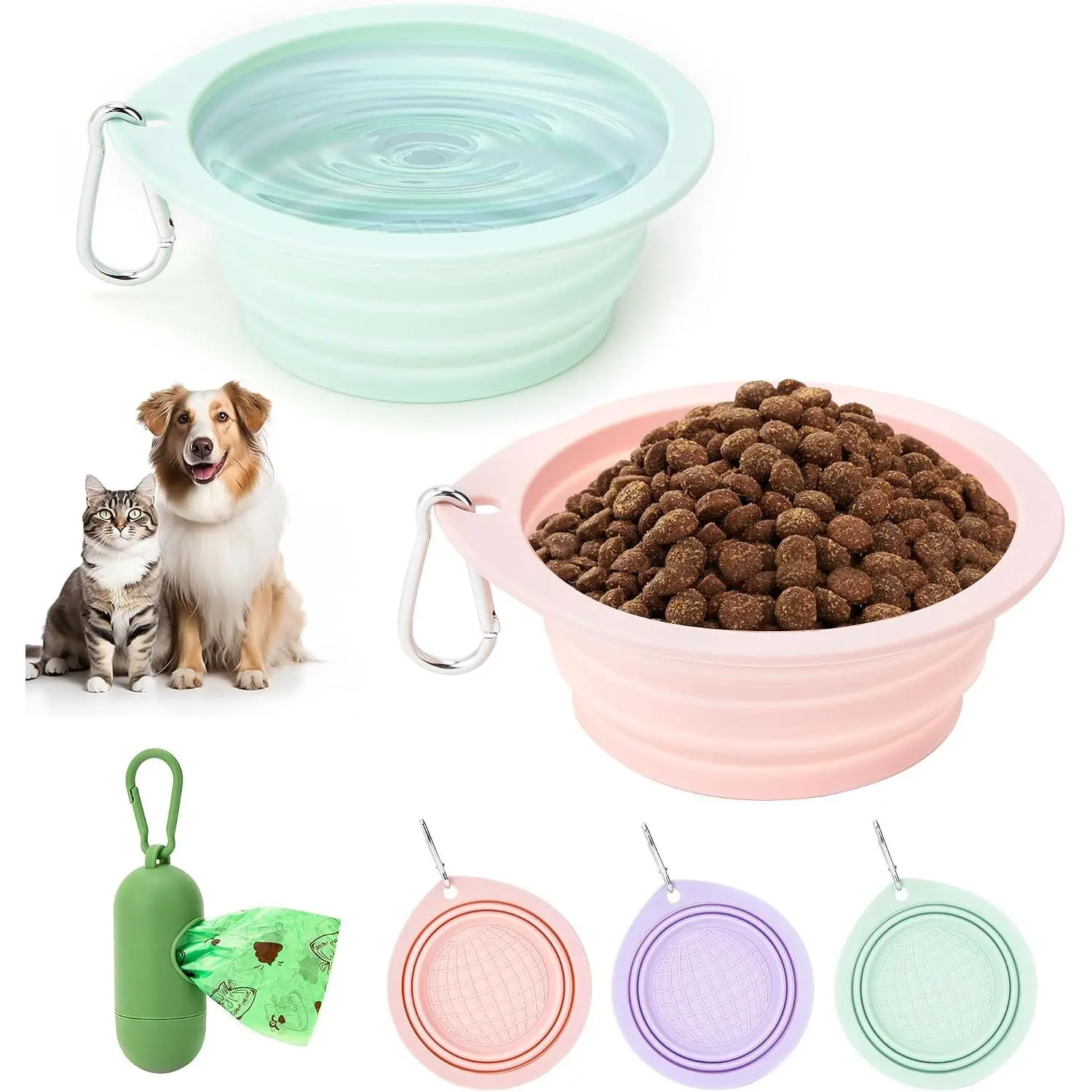 3 Pack Collapsible  Bowls, Bowls with  Poop Bag Dispenser Set,Portable  Travel  Bowls for Walking,Hiking,Camping,Outdoor Travel(&Green)