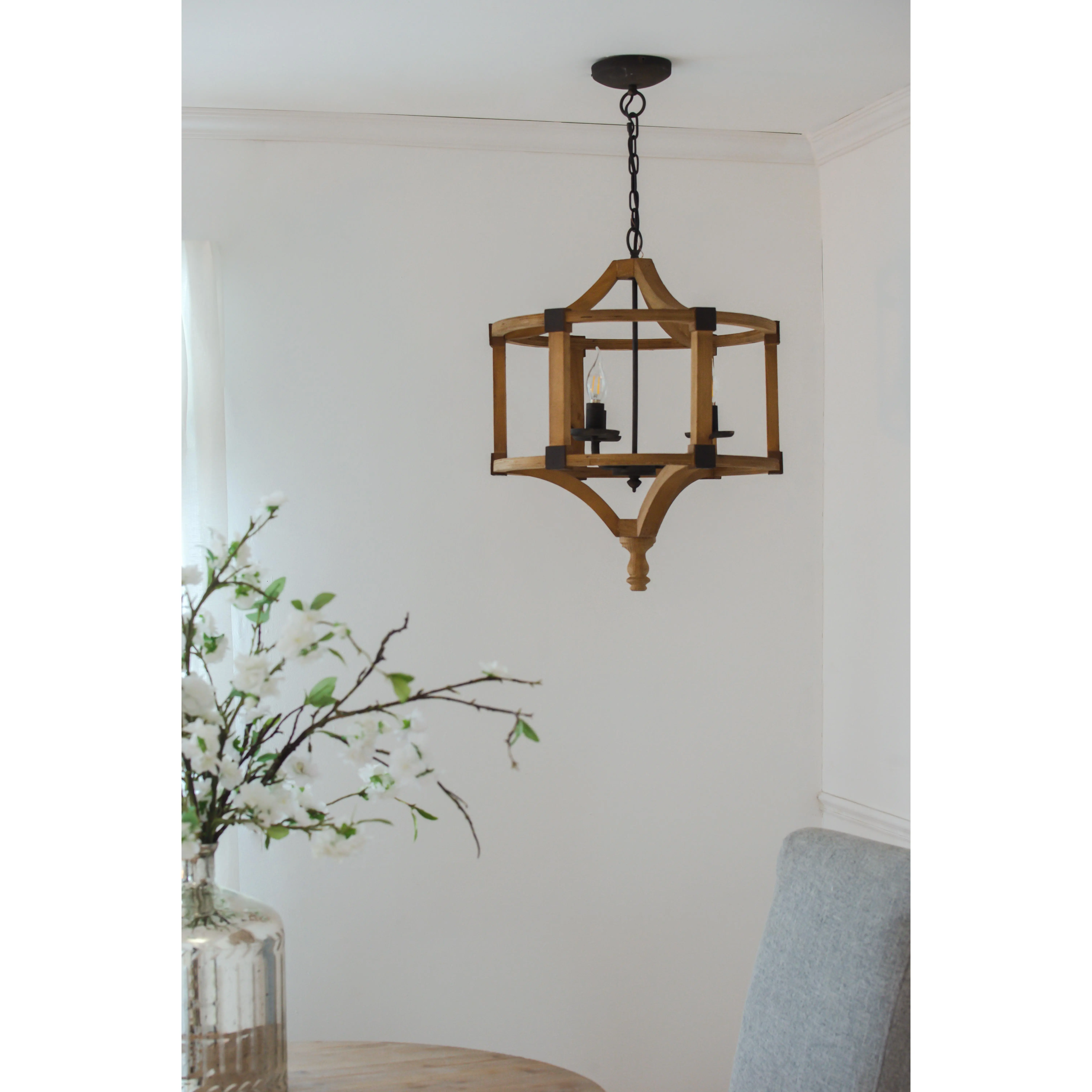 ARCH 3-Light Wood Drum Chandelier Hanging Light Fixture with Adjustable Chain for Kitchen Dining Room Foyer Entryway Island Living Room Bedroom Hallway, Bulb Not Included, 3-Light Wood Drum Chandelier Hanging Light Fixture with Adjustable Chain