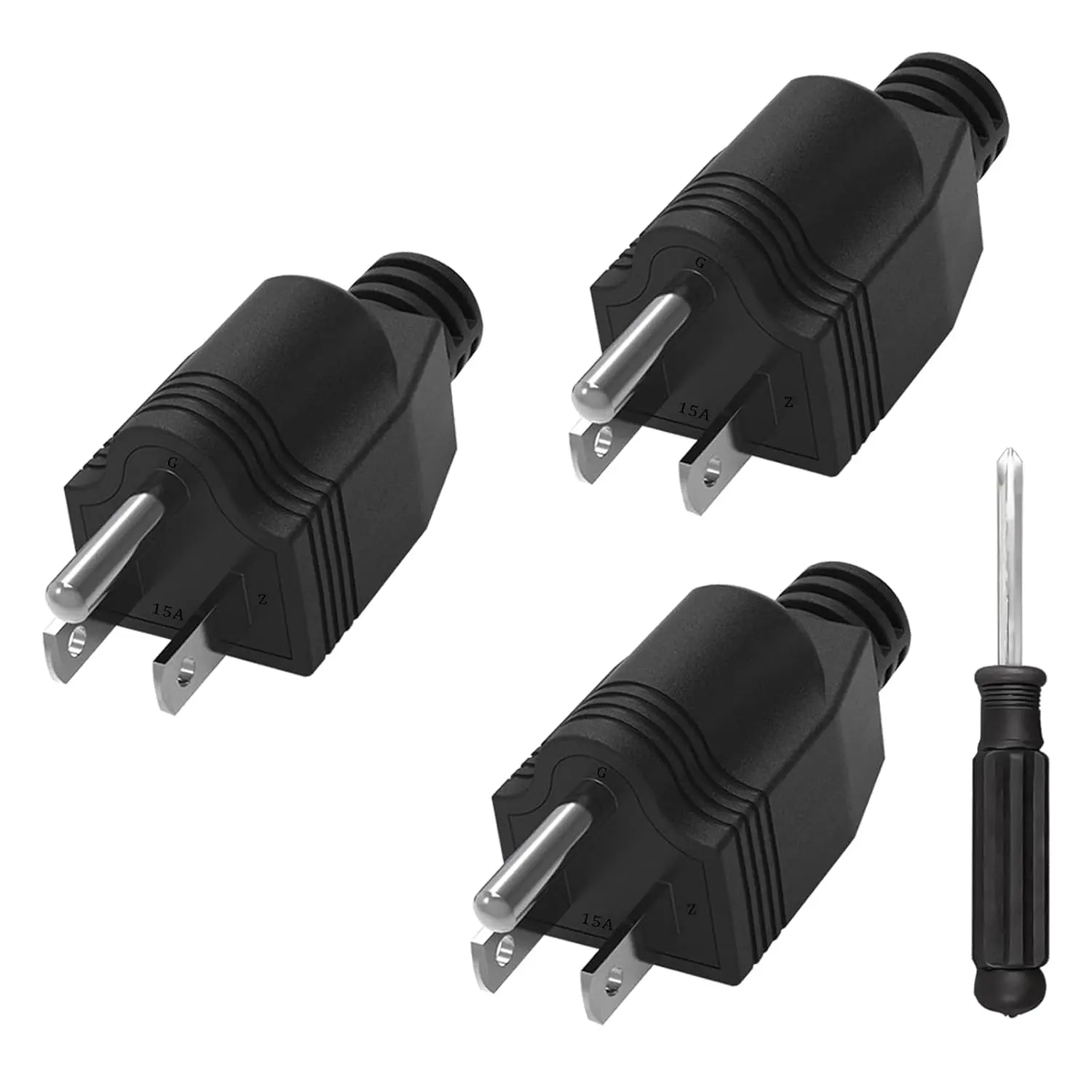 Plugs, 3 Pack 3 Prong  Plug with 1 , Extension Cord Ends, ReplacementPlug 3 Prong , Neutral Ground Bonding Plugg, 3 Wire 15A 125V Male Plug, Black