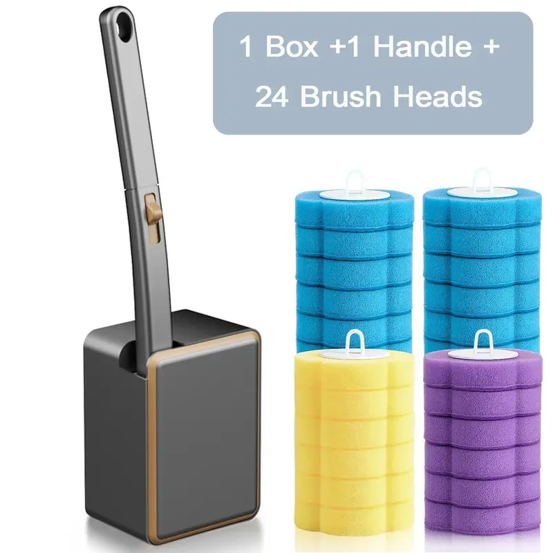 Disposable Toilet Brush and Holder Set with Wall-Mount Caddy, 24 Replacement Brushes, Multi-Purpose Bathroom Scrubber for Sink, Bathtub
