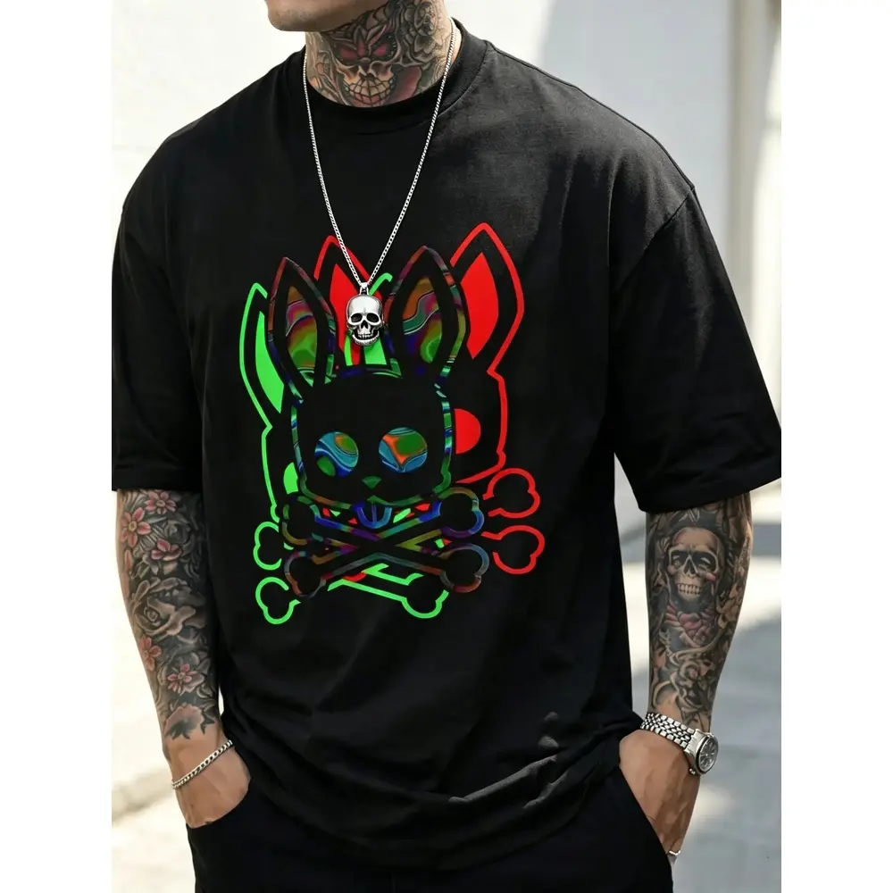 Comfortable Chic Men'S T-Shirt 'A Stylized Black Rabbit with Colorful Eye' Pattern, Crew Neck, Short Sleeve, Allseason, Regular Fit Menswear Tops