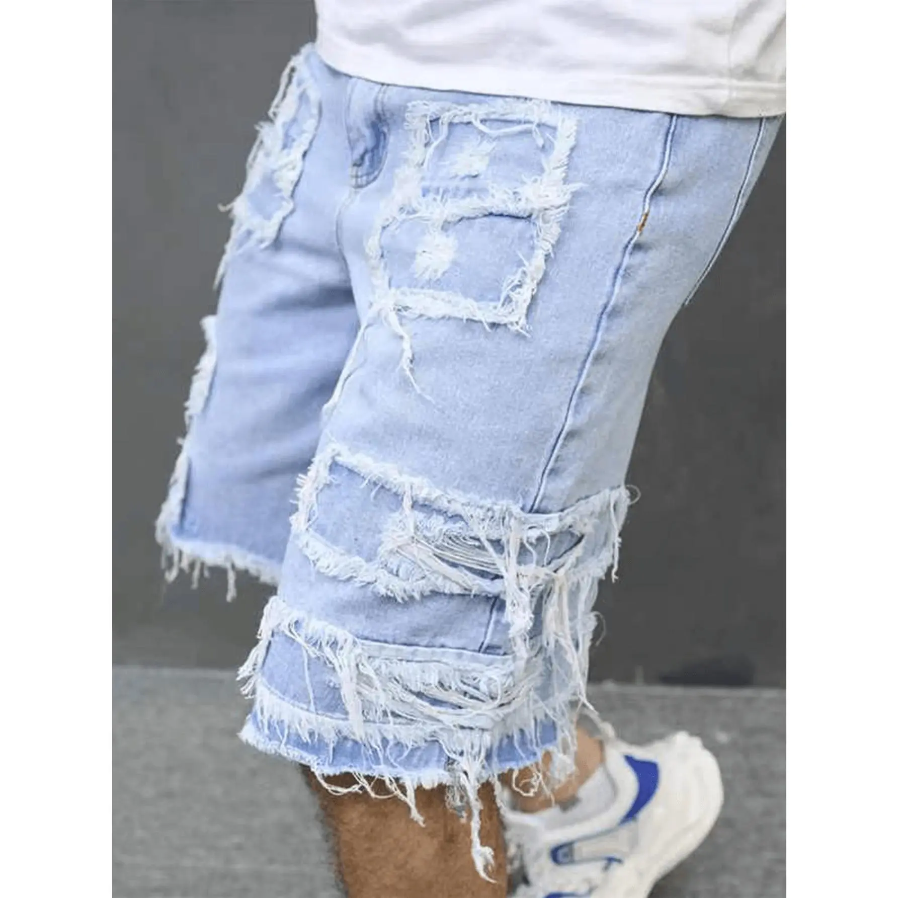 Men's Light Blue Knee Denim Shorts with Distressed Ripped Design , Non-Stretch Frayed Patchwork Baggy Jean Shorts, Summer Streetwear