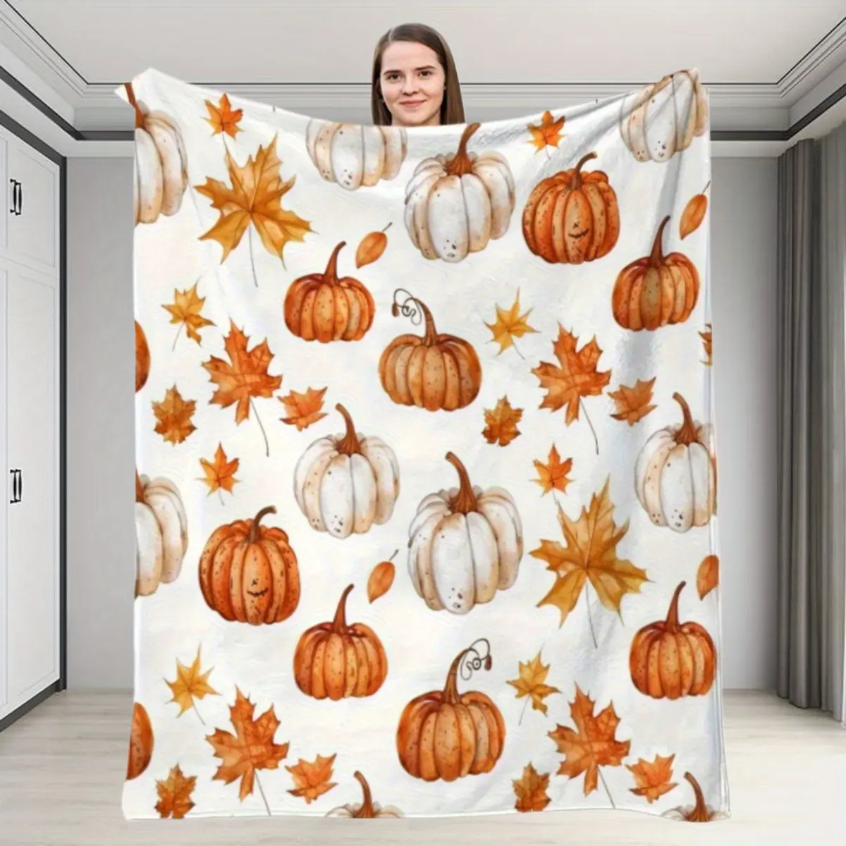 Fall Pumpkin Throw Blanket Cream White, Soft Flannel Farmhouse Autumn Decor for Couch Bed, Orange Maple Leaf Fleece Blanket, Cozy Thanksgiving Halloween Gift for Women Girls Family, Lightweight Warm#fallblanket #pumpkindecor #autumnaesthetic