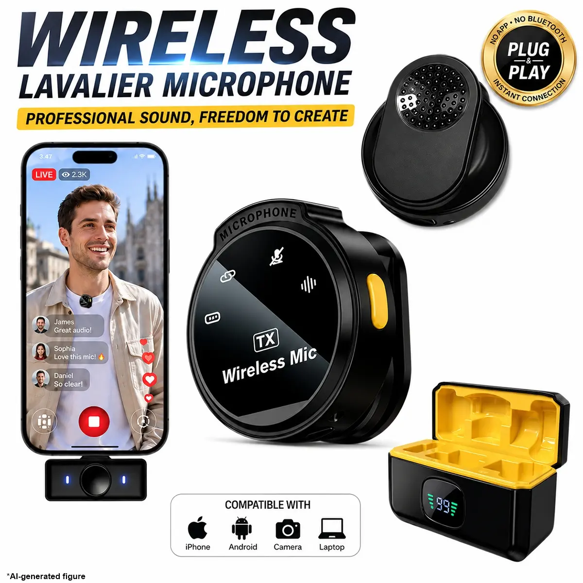 Wireless Lavalier Microphone for Content Creators, Dual Wireless Mic System with Noise Reduction, Magnetic Clip-On Design, Real-Time Monitoring and Plug & Play Connection, Ideal for Vlog, Video Recording and Live Streaming