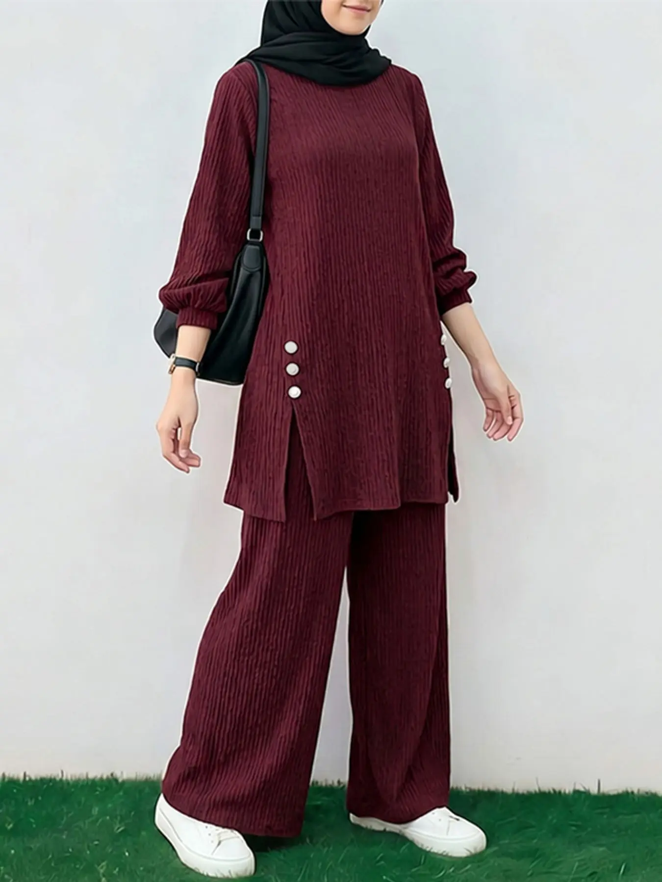 Women's Round Neck Lantern Sleeve Long Sleeve Top + Wide Leg Pants Set Outfit, Casual Loose-Fitting Two-Piece Matching Set for Spring & Fall