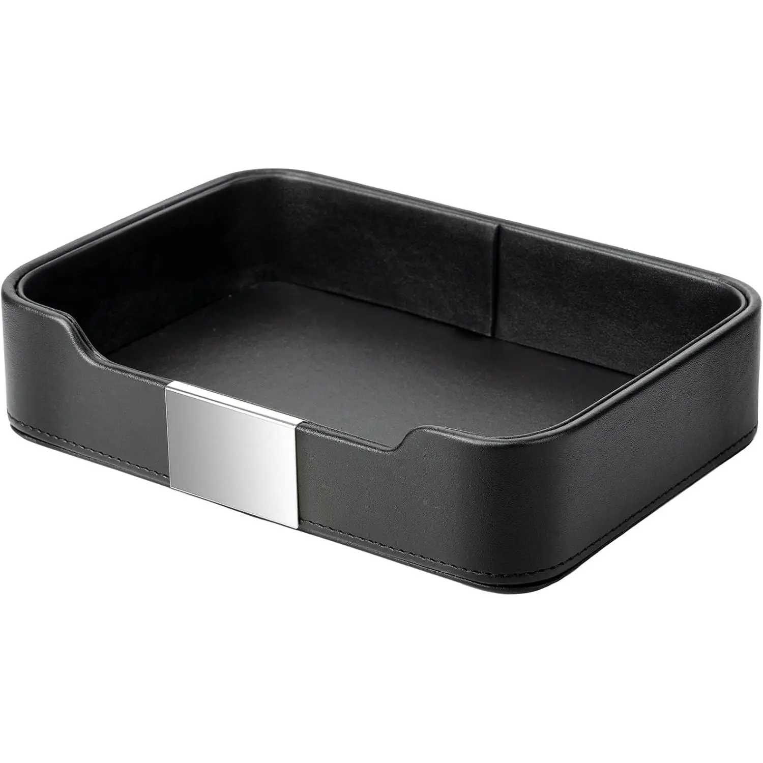 Luxury Leather Tray Organizer Valet Tray Key Tray for Entryway Table Desktop Storage Catchall Tray Decorative Tray for   Wallet Phone Watch (Metal Silvered, Black)