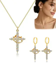 Elegant Cross Crown Women Jewelry 3Pcs Set, CZ Inlaid Christian Cross Necklace & Earrings. Religious Faith Accessory, Ideal Christian Gift for Birthday, Back-to-School & Special Occasions for Her
