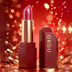 GKGU Pearlescent Lipstick, moisturizing formula, glossy finish, hydrating lip makeup product, vibrant red shade, creamy texture, suitable for all light beige lip colors.