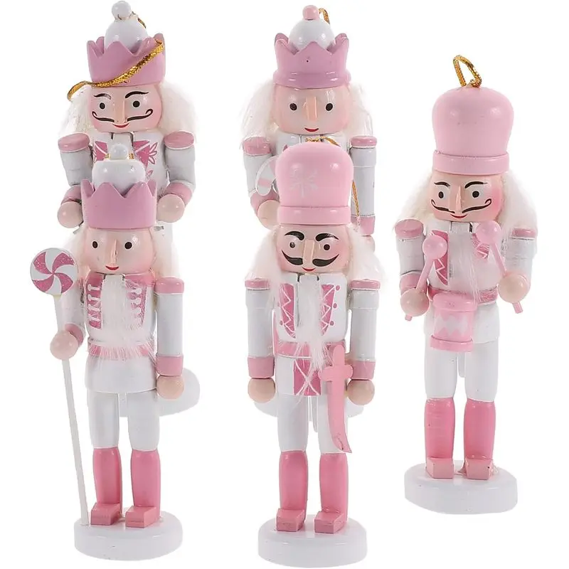 5Pcs Pink Wooden Hanging Nutcracker Soldier Ornaments, Christmas Tree Decor Decorative Ornaments