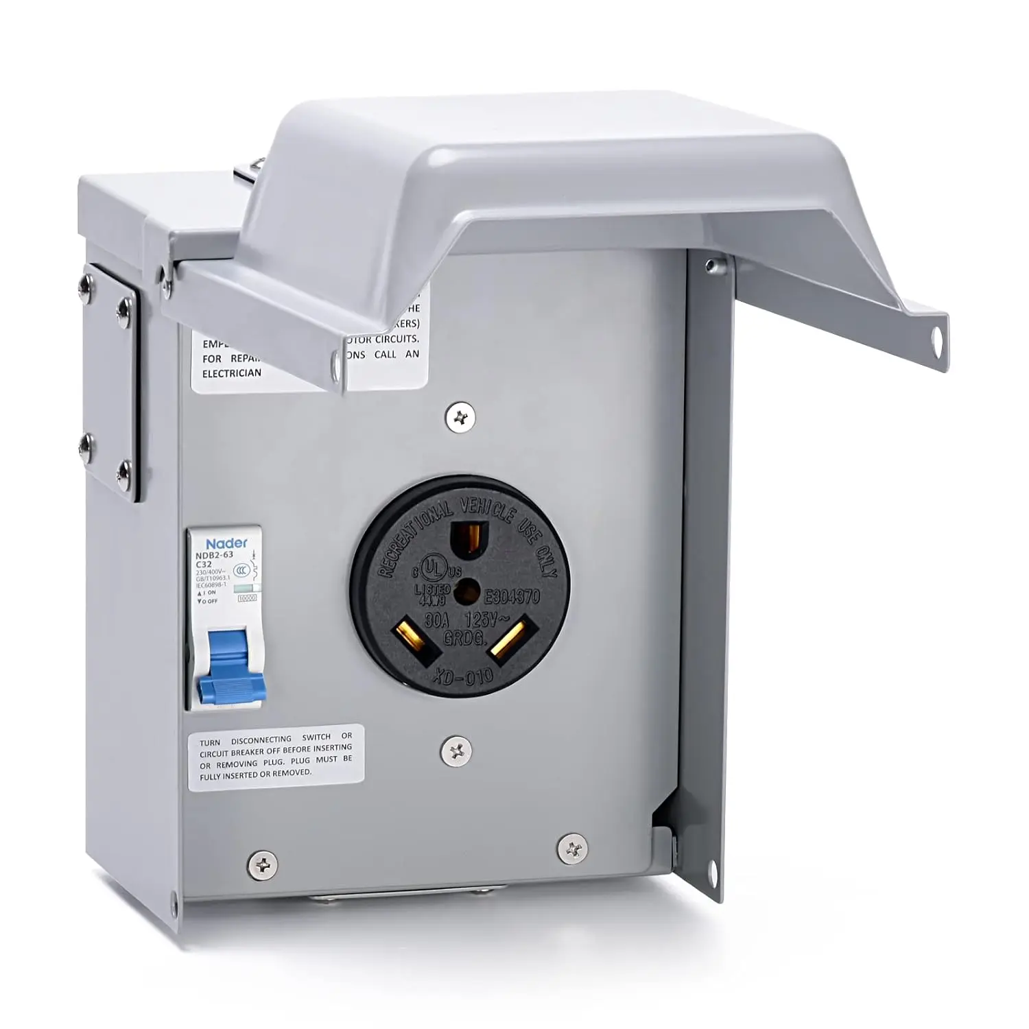 30 Amp Temporary RV Power Outlet with Breaker,  Outdoor Breaker Box with NEMA 3R  Enclosure, Prewired, Five Pre-Reserving Holes for Easy Installation