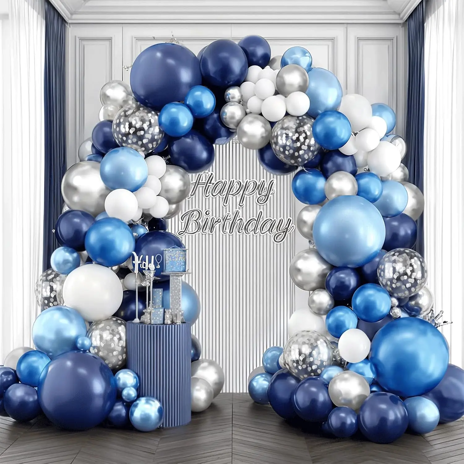 Navy Blue White  Balloons Arch Kit, Latex, Party Decor. | Navy/metallic dark/light blue, white, , confetti balloons. for graduation, birthday, Father’s Day, bridal shower.