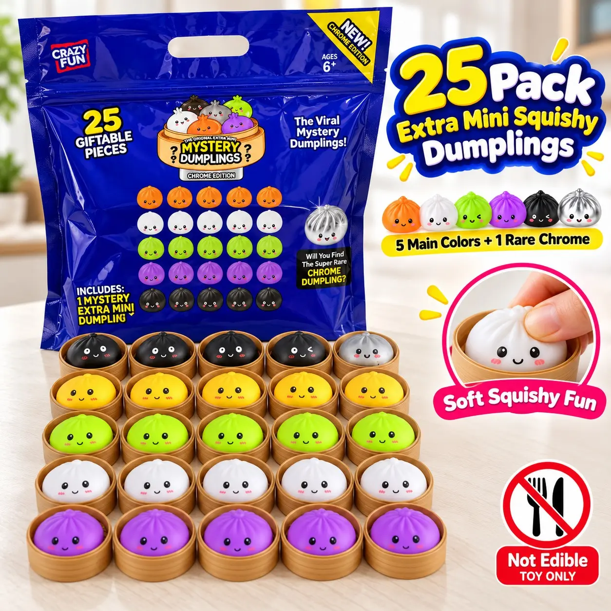 25-Pack Mini Dumpling Squishy Toys,  Sensory Fidget Set, Soft Quick-Rebound Stress Relief Toys, Possible Rare Chrome Dumpling Surprise, Party Favors for Kids Ages 6+