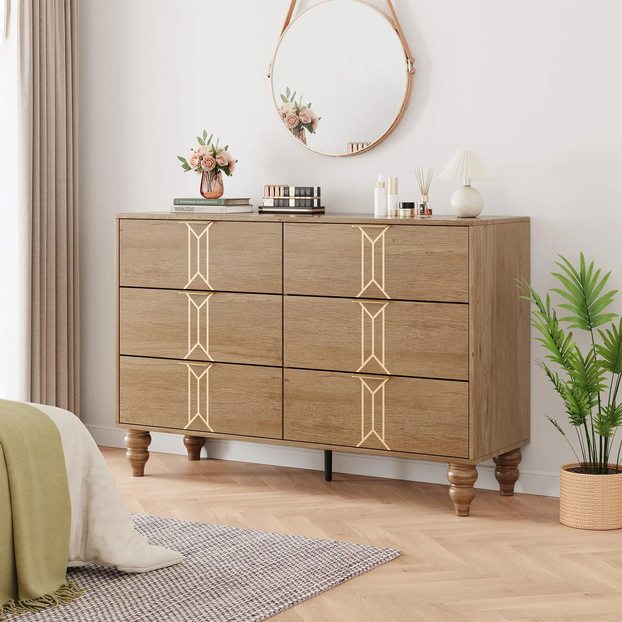 GARVEEModern Wooden 6 Drawer Dresser with Vintage Pattern Design, Deep Drawers for Bedroom, Living Room, and Entryway in Oak and Gold Finish