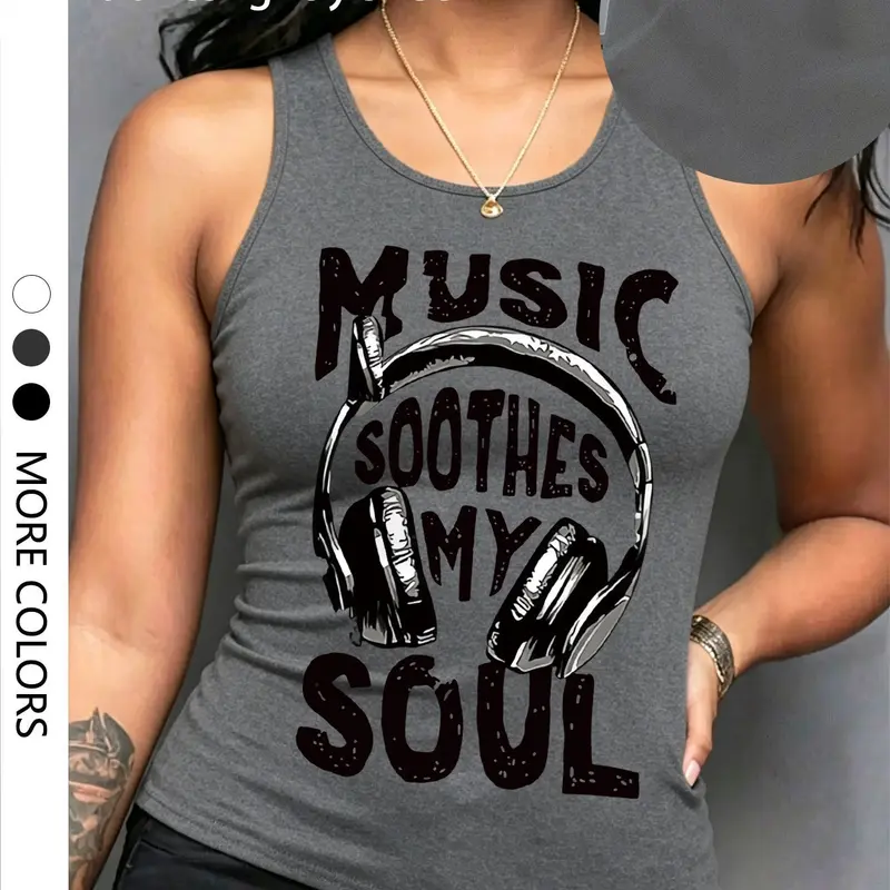 Women's Summer Casual Loose, Letter and Earphone Print, Soft Comfortable Home Essential, Graphic Style, Perfect for Daily Wear, Casual Sleeveless Top
