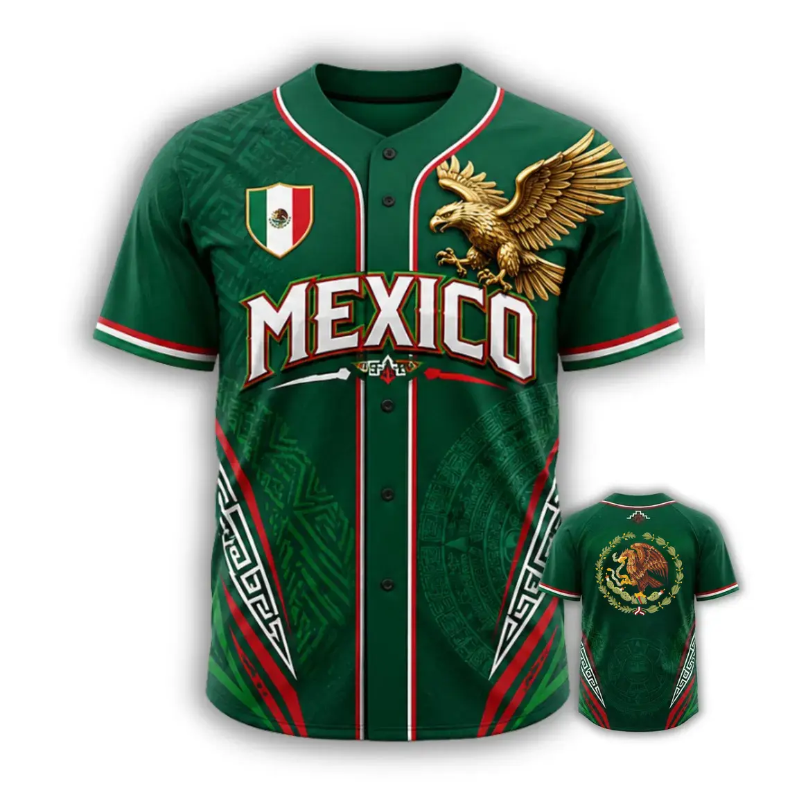Men's Mexico Aztec Eagle Short Sleeve Top - Breathable Pearl Weave Fabric, Elastic Fit, National Flag Design, Baseball Look, Summer Wear, Ideal Gift for Patriots & Fans