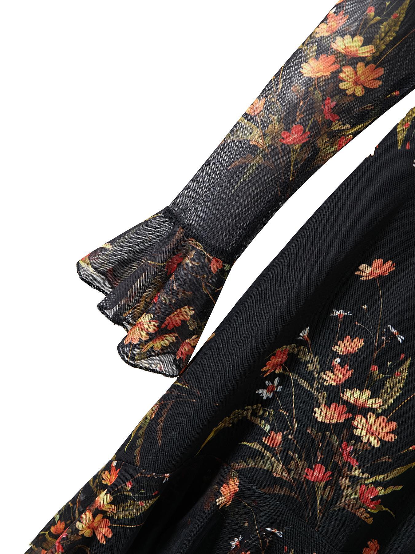 Women's Floral-Print Fitted Dress, Elegant Feminine Vintage Gothic Aesthetic Flared Long Sleeve Dress for Party Holiday Wedding Guest, Ladies' Clothes for All Seasons, Elegance, Garden Formal Dresses for Wedding Guest