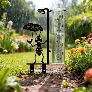 Outdoor Rain Gauge with Glass Measuring Cup, Metal Ant-Themed Design, Large Easy-To-Read Numbers, Ideal for Gardens, Patios, Lawns