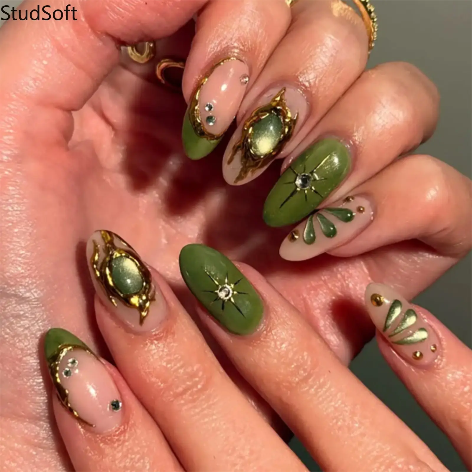 24 Pcs Olive Green Manicure Nails, Medium Almond Fake Tips with Cat Eye Effect, Star Rhinestone & 3D Gold Chrome, Glossy Press-on Wear, Glossy Look, Nail Inspo