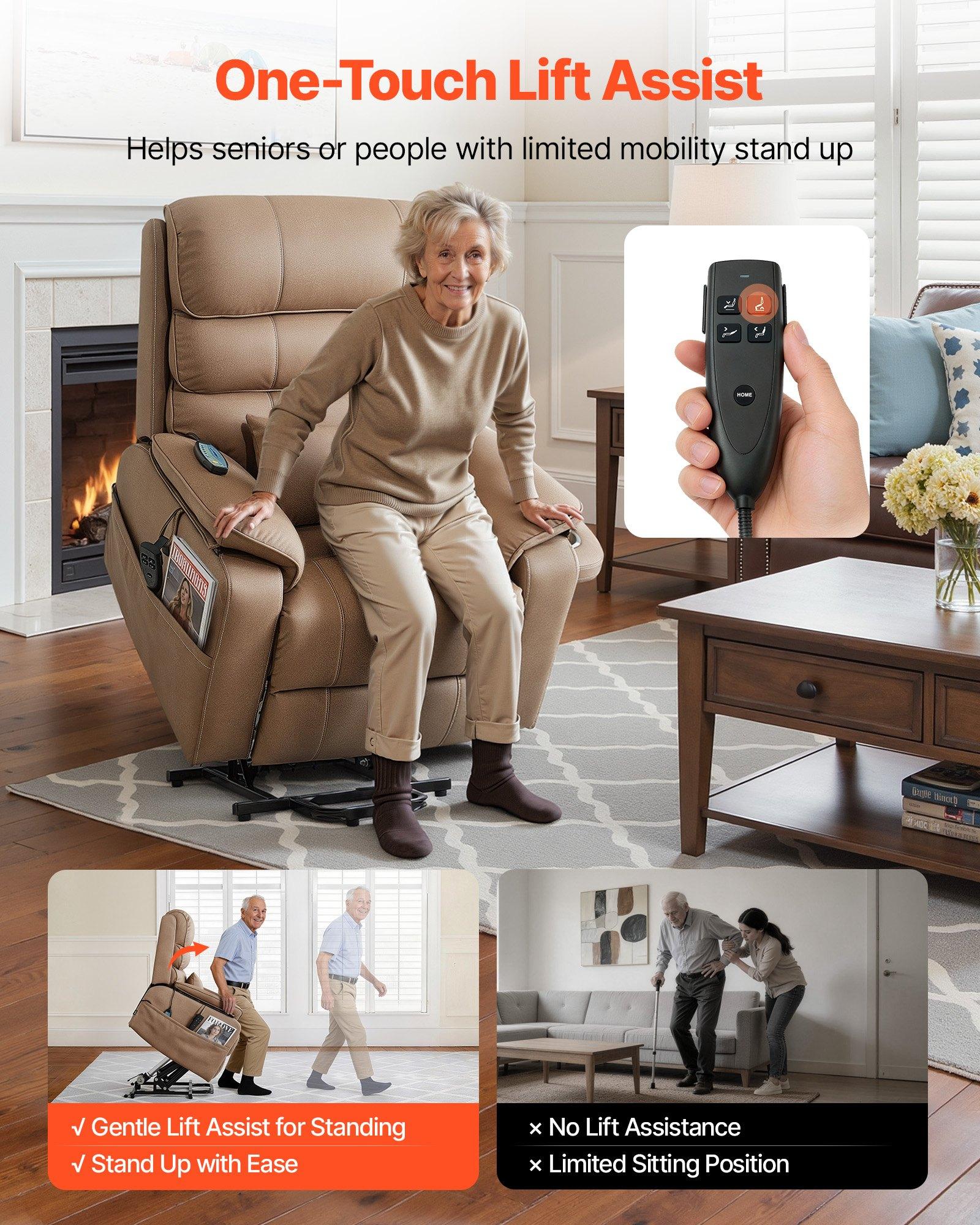 VEVOR Power Lift Recliner Chair, Dual Motor, Medium Wide Electric Lift Chair with Heat and Massage for Elderly, Infinite Position Adjustment, Leather Surface, with Storage Pocket, Cup Holder, Brown