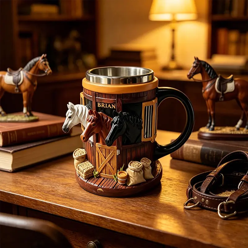1PC Resin Beer Mug with 3 Horse Heads Stable Design, Stainless Steel Liner, Western Farm Barn Themed Coffee Cup, Vintage Animal Drinking Cup, Gift for Horse Lovers