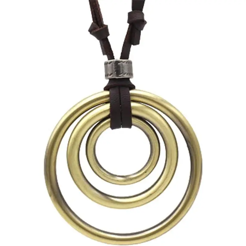 Leather Necklace for Men Double Circle Rings Leather Rope Pendant Necklace Punk Leather Chain Disc Ring Necklace