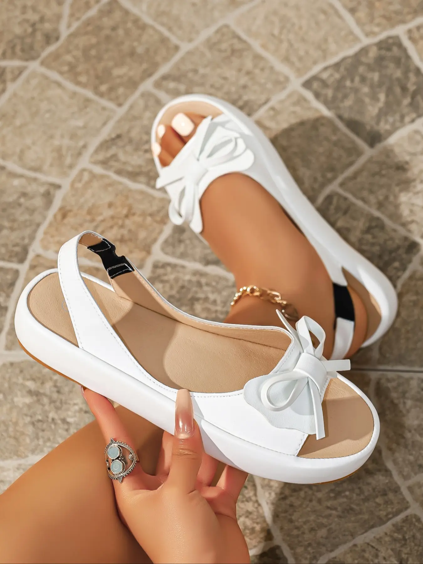 Women's Bow Decor Open Toe Slingback Platform Sandals, Adjustable Back Strap Thick Cushioned Sole Mules, Soft Comfort Insole Footwear, Non-Slip Lightweight Outsole, Summer Beach Daily Vacation Versatile Casual Trendy Sandals