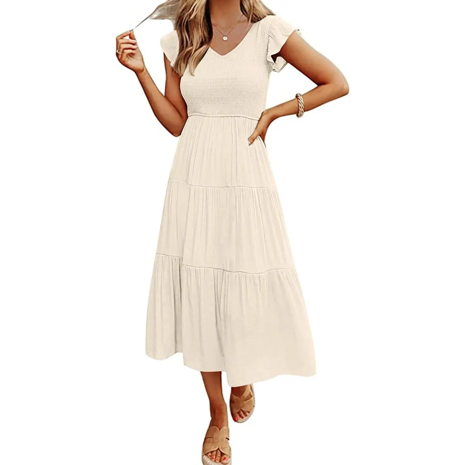 Women's Summer 2026 Casual Midi Dress with Flutter Sleeves, V Neck, Smocked Tiered Beach Vacation Dress(Gift)