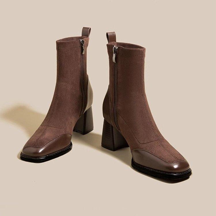 YYW1 Women's Retro Square Toe Chunky Heel Ankle Boots, Brown Fall Winter Casual Wear Footwear with Side Zipper, Fabric & Rubber Sole