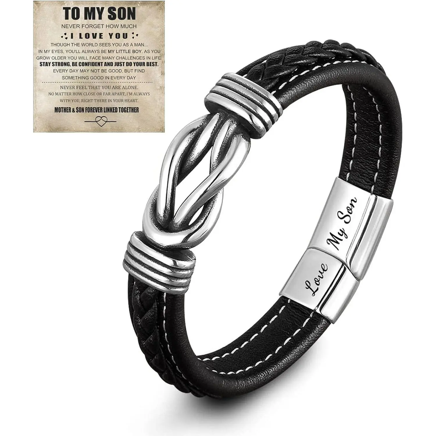 Son's Infinity Knot Bracelet, Forever Linked Together Bracelet for My Son To My Son Infinity Knot Leather Bracelet From Mom Stainless Steel Engraved  for Birthday Christmas