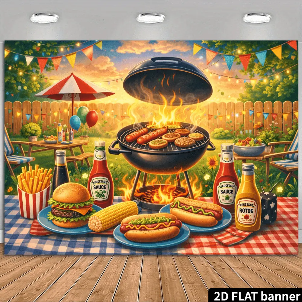 2D Flat HD-Printed Polyester Photography Backdrop & Photo Background, Campfire-BBQ Party Themed Cloth, Soft Lightweight Foldable for Outdoor Gatherings, Portrait Shooting