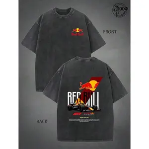 Retro Washed Black Oversized T-Shirt, Vintage F1 Racing Car & Abstract Bull Graphic Print, Casual Crew Neck Streetwear for Men & Women, Perfect for Daily Outdoor & Motorsport Fans Wear