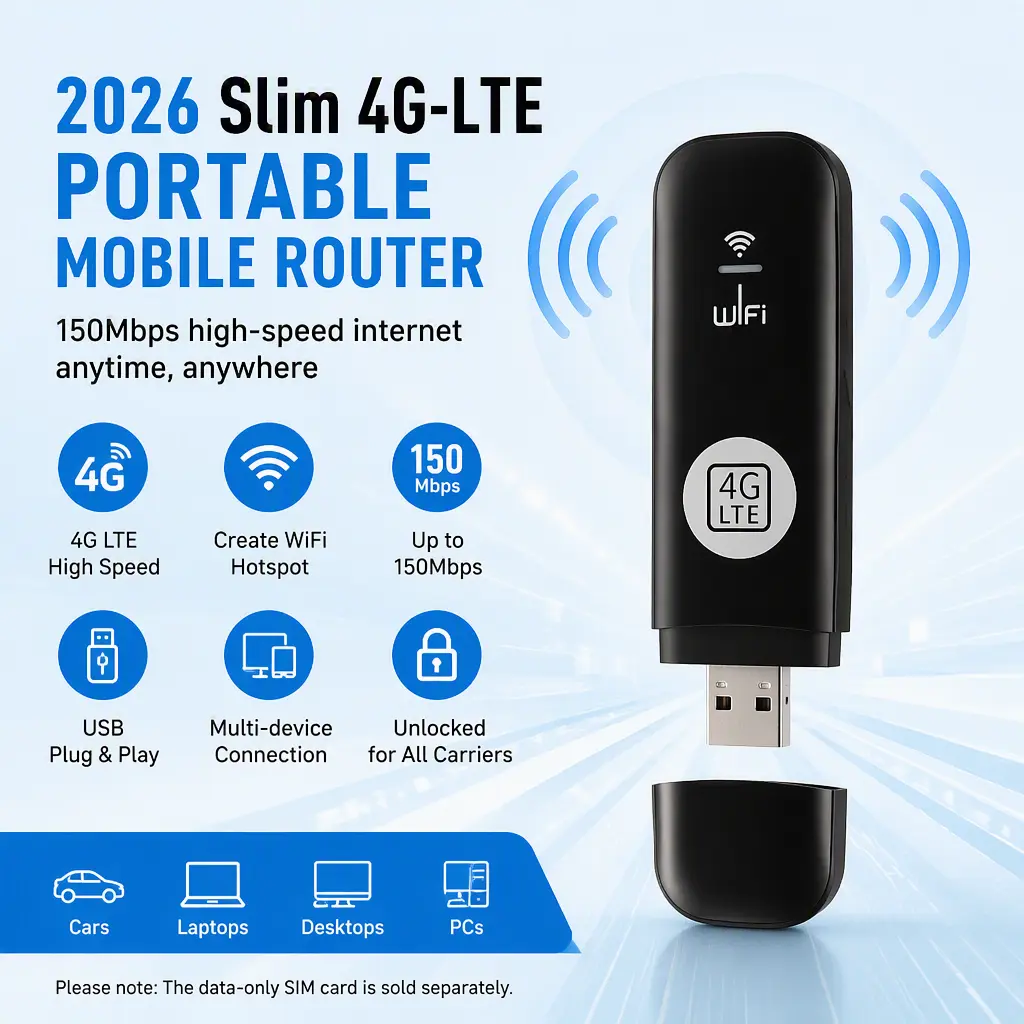 2026 slim 4G‑LTE portable mobile router!150Mbps unlocked USB modem creates quick‑setup mobile hotspot.Works for cars, PCs, laptops and desktops.Please note, the data‑only SIM card is sold separately.