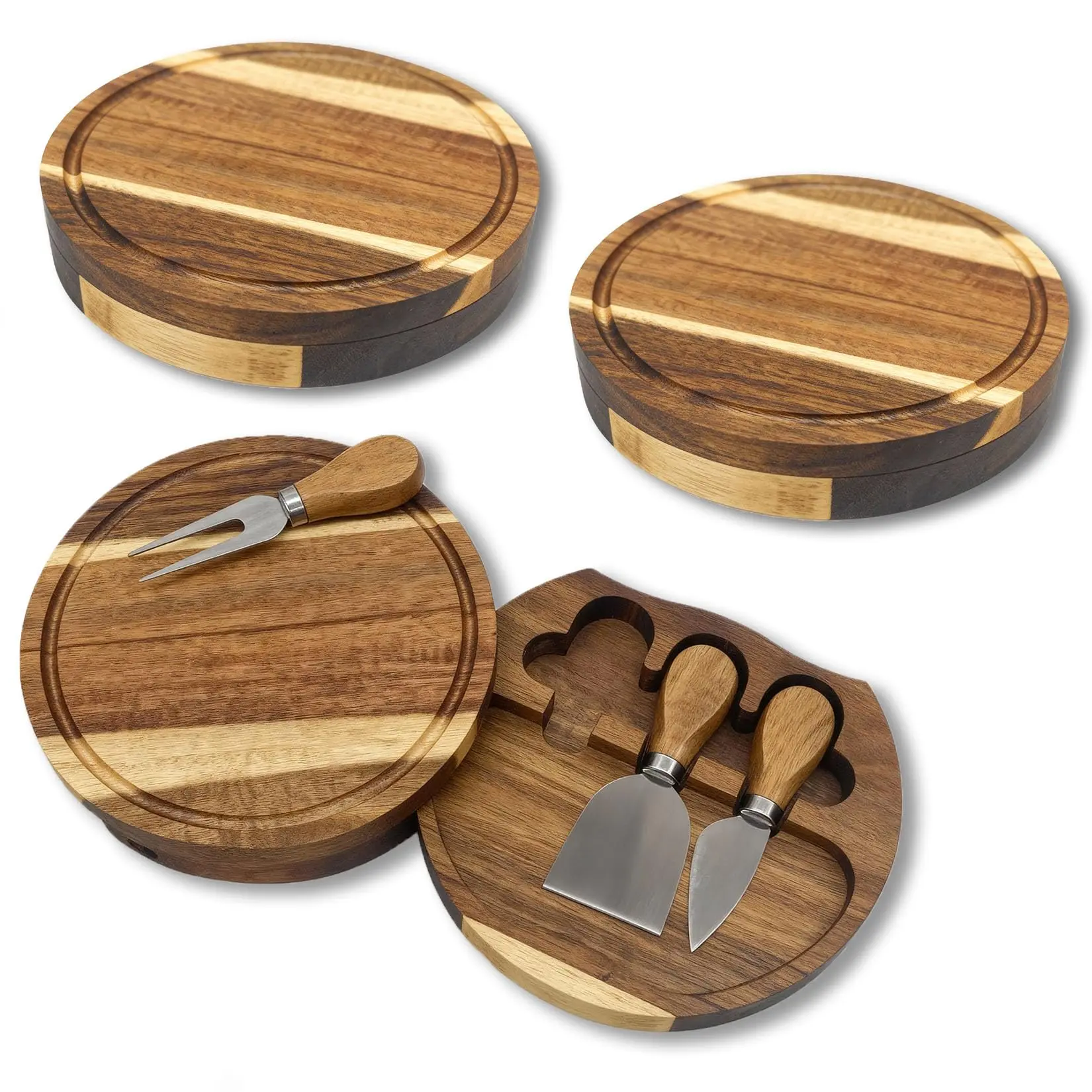 GARVEE 3 Pack Mini Charcuterie Board gift set， 8.7" Round Wood Cheese Board Set with Knife & Fork, House Warming Gifts New Home,Meat & Cheese Tray for Party