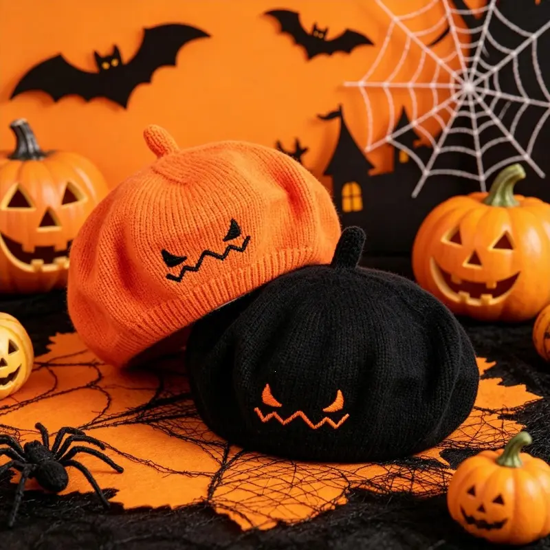 Cute Pumpkin Shape Knitted Beret Hat, Hot Selling Halloween Spooky Face Embroidery Warm Cap, One Size Stretch Soft Headwear, Halloween Party Cosplay Gift, Daily Street Style Autumn Winter Warm Hat