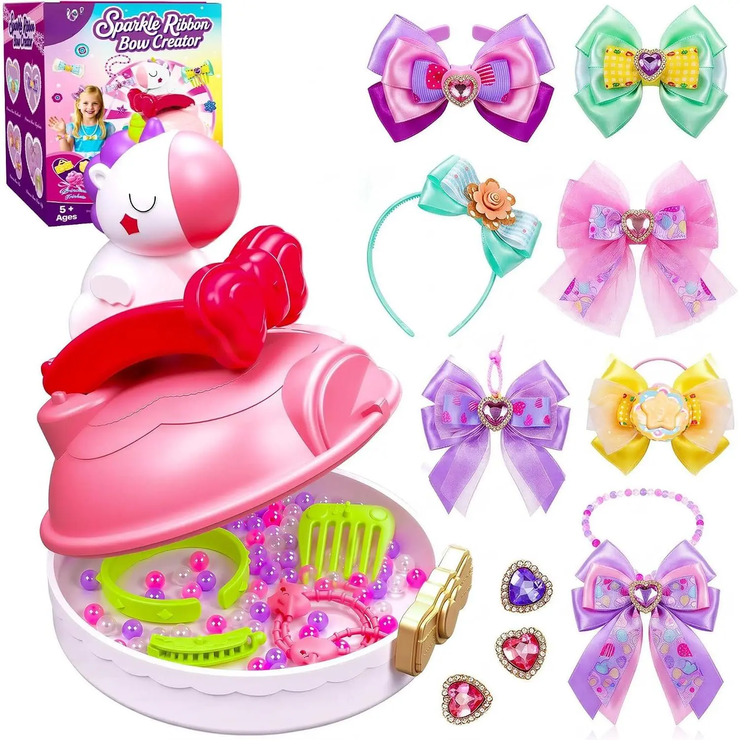 DIY Ribbon Bow Maker Kit for Girls Ages 5+, Hair Accessory Set | Make Hair Bows and Headbands, Create Bracelets, Rings and , Hands- Arts and Crafts Activity