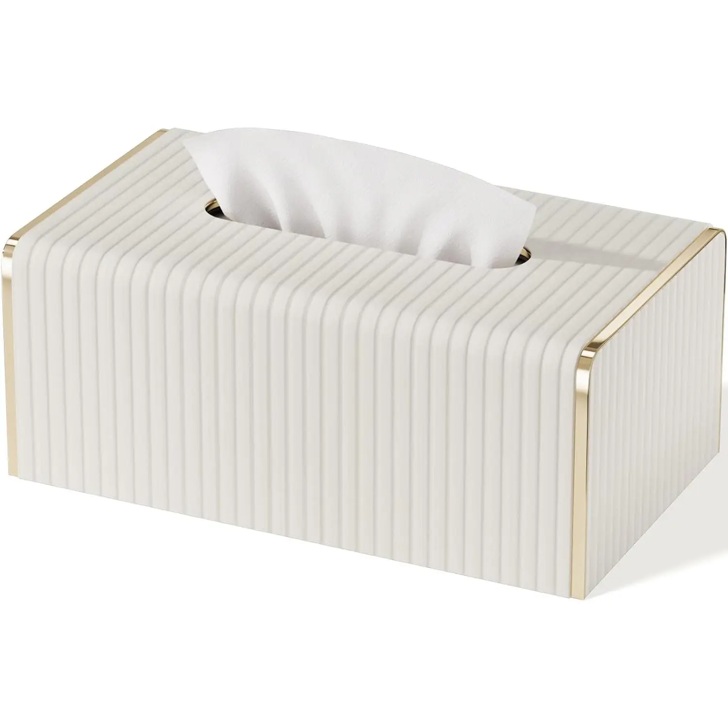 Tissue Box Cover,White Rectangle Leather Tissue Box Holder with -Tone Edging Decoration,Decorative Tissue Cover for Bathroom Toilet Bedroom Living Room Table Desk Office (White, Rectangle)