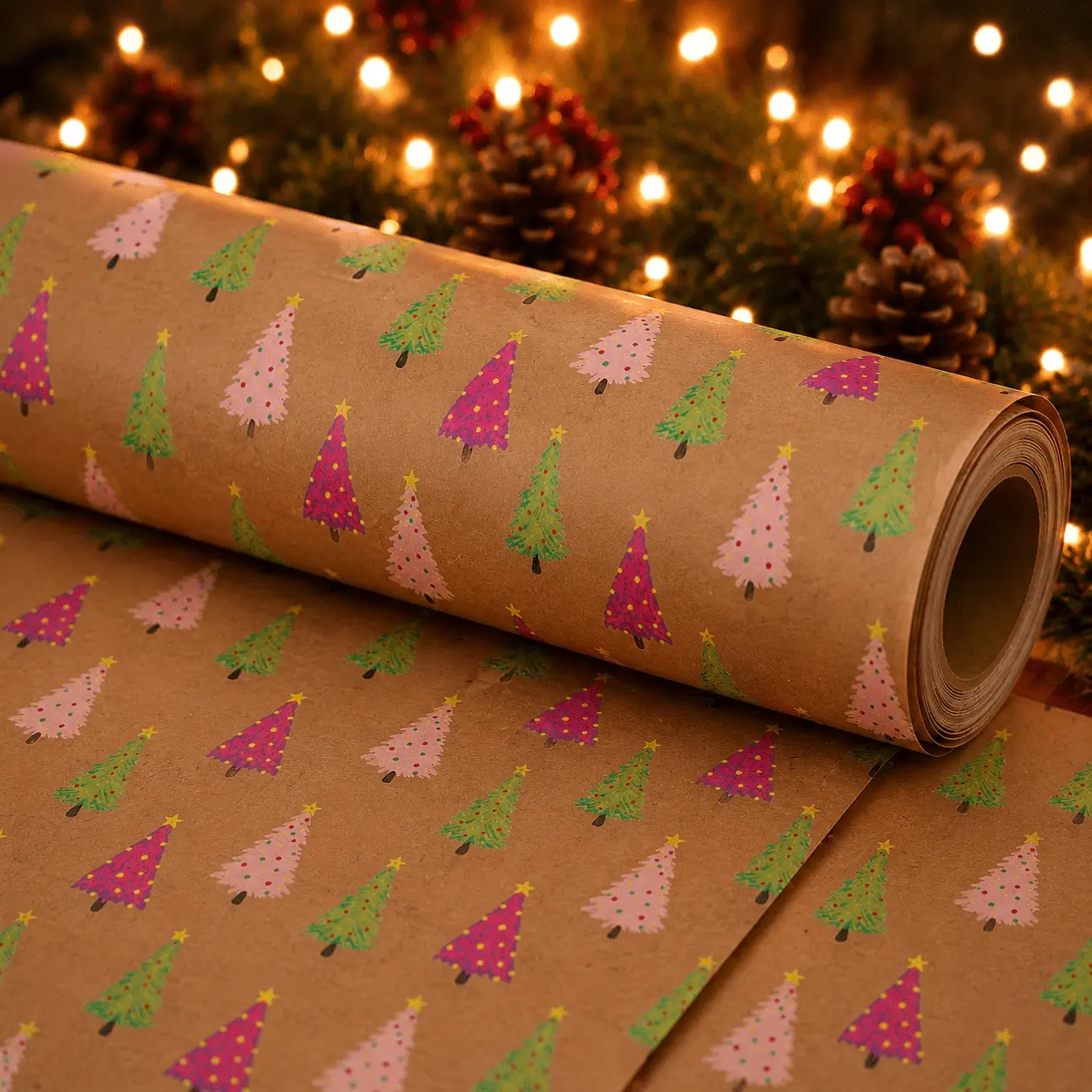 1 Roll 9.8FT Christmas Gift Wrapping Paper, Trees, Hand-drawn Graffiti Style, Brown Wrapping Paper, Suitable for Christmas Gift Wrapping, Winter Gift Packaging, Handmade Gift Wrapping, Christmas Gifts, Party Decorations DIY Crafts, Gift for her/him