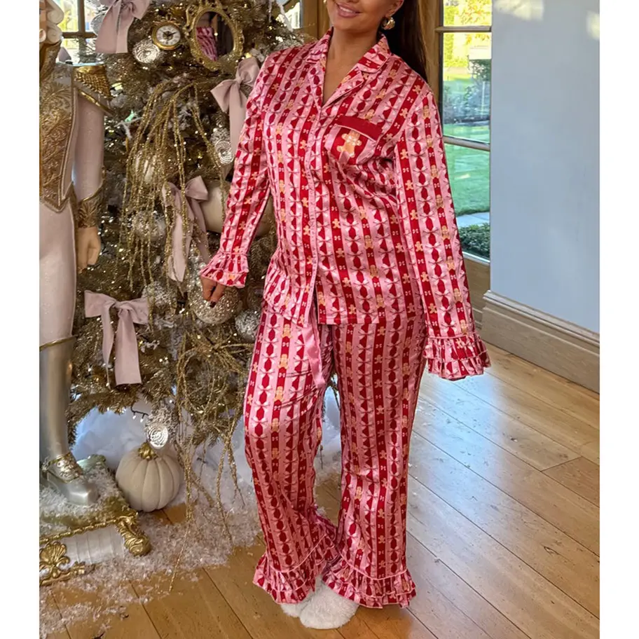 Christmas Mommy and Me Pajamas Set Bow Gingerbread Man Print Long Sleeve Shirt with Pants Sleepwear Loungewear