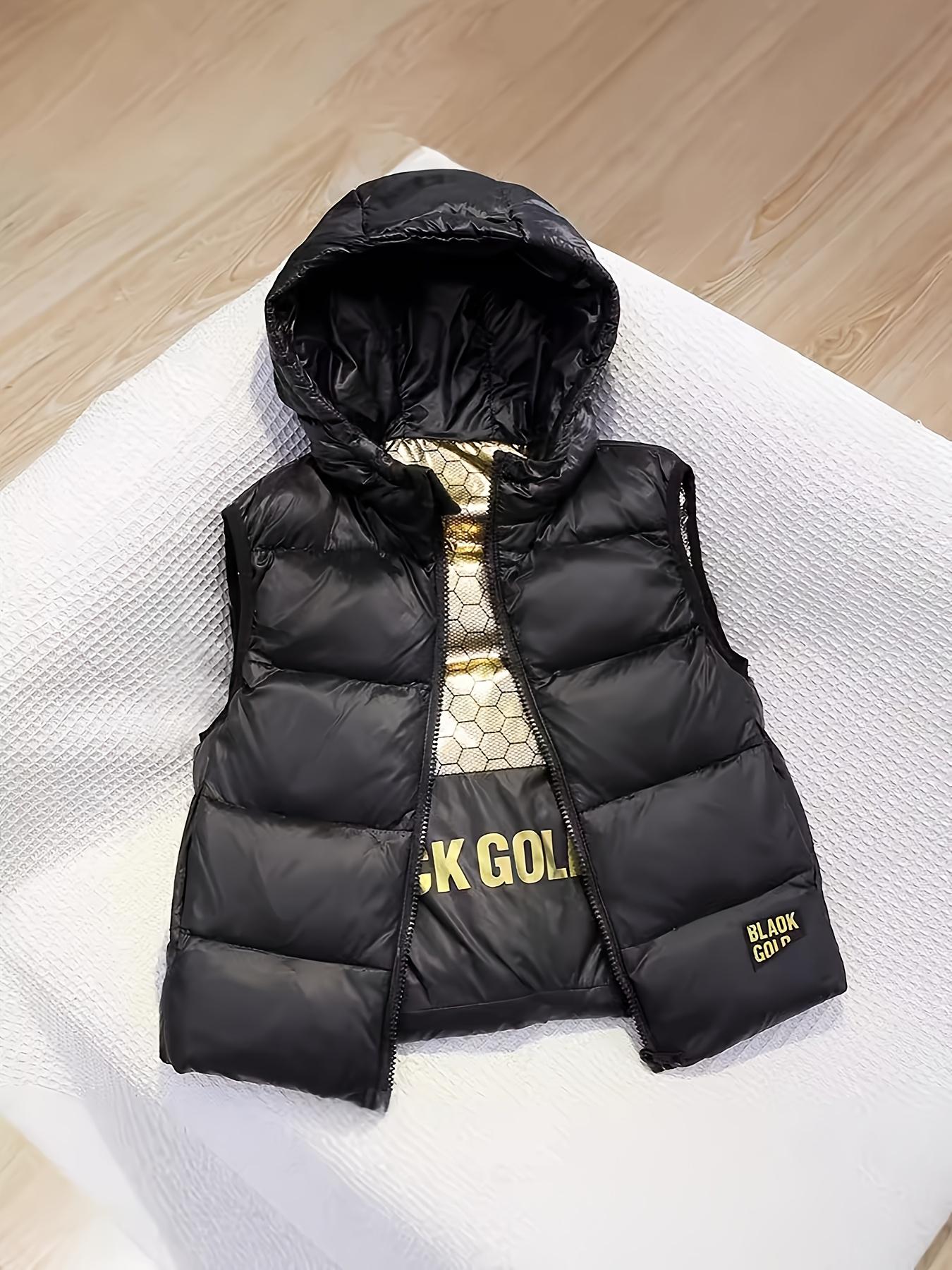 Girls' Hooded Jacket with Full-Zip Front & Golden Lettering - Warm Winter Coat with Insulation, Filling, Casual Outerwear for Everyday & Formal Events, Easy Hand Wash Care (Black, Short Length, H-Line Silhouette) - Ideal for School, Parties, Family Outing